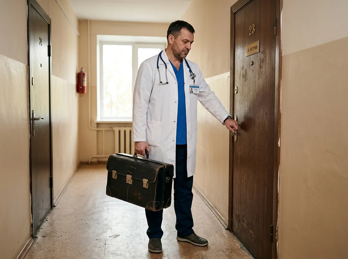 Врач-нарколог в белом халате с медицинским чемоданом стоит у двери квартиры, готовясь к выезду на вызов, мягкое дневное освещение, профессиональная атмосфера