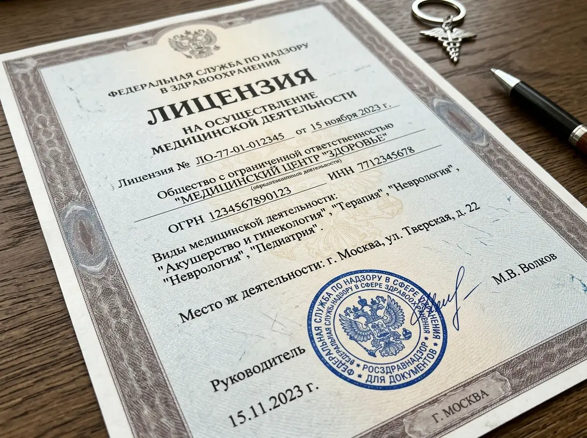 Лицензия Росздравнадзора на оказание медицинской деятельности, официальный бланк с печатью, крупный план
