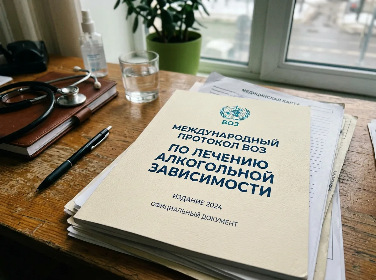 Международный протокол ВОЗ по лечению алкогольной зависимости, обложка официального документа на столе врача